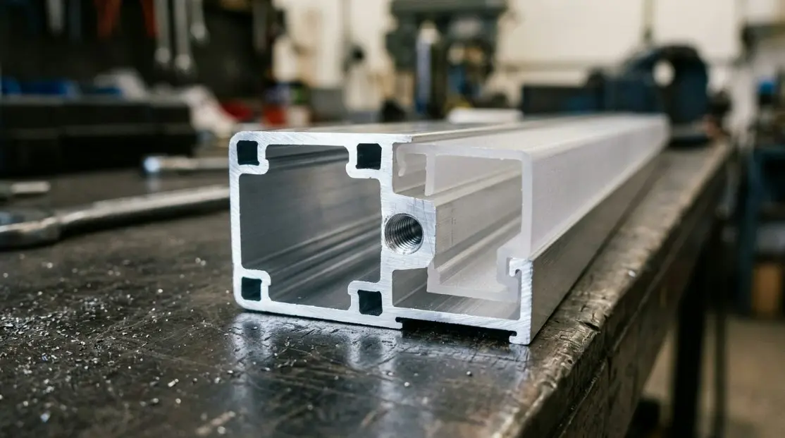 Close-up macro shot of a semi-aluminum and semi-plastic T5 tube housing structure, highlighting the internal driver space and precision extrusion edges.
